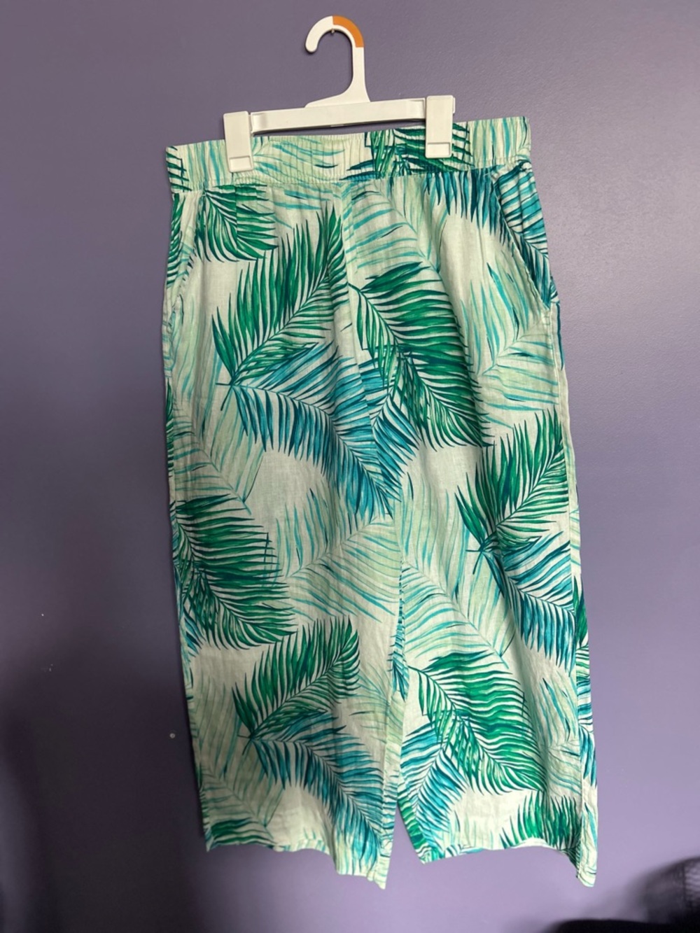Tahari Blue Green Linen tropical print baggy pants summer Size L